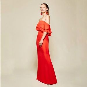 Helen Tiered Off-the-Shoulder Silk Gown, Coral